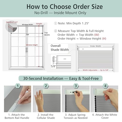 Cordless No Drill Blackout Cellular Shades, Tool-Free Installation Honeycomb Blinds, Room Darkening Privacy Thermal Insulated Window Coverings for Bedroom & Office, Silver Grey - view 2