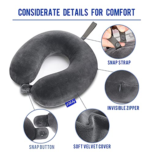 Travel Pillow Memory Foam for Airplanes - Neck Pillow for Traveling, Car, Home, Flight Pillow for Sleeping with Attachable Snap Strap Soft Washable Cover, Provide Head Neck Support Rest, Dark Gray - view 6