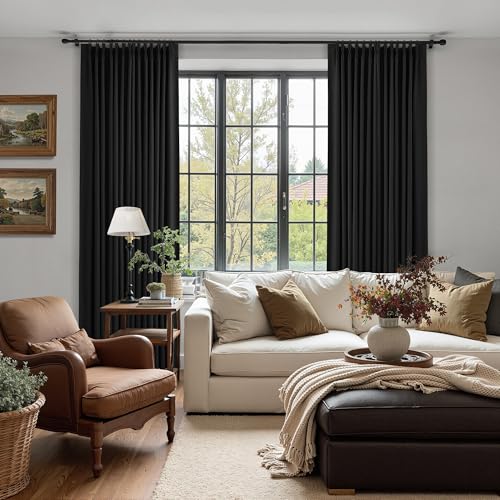 90 Inch Black Pinch Pleated Linen 100% Blackout Curtains for Bedroom Living Room Pleat Black Out Thermal Insulated Ring Hooks Back Tab Room Darkening Double Layer Drapes Curtain with Liner - view 5