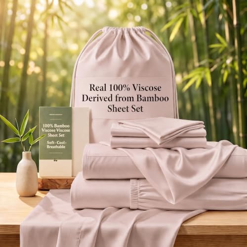 Real 100% Viscose Derived from Bamboo Sheets Set Queen Size, Cooling & Silky Soft for Hot Sleeper, Breathable & Moisture Wicking Fabric, 18" Deep Pocket with Corner Straps (Sand, Queen)