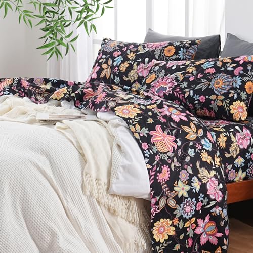 Soft Cooling Twin Sheet Set - Blend Rayon Derived from Bamboo,1800 Thread Count Floral Bed Sheets Oeko-Tex Certificated - Black Yellow