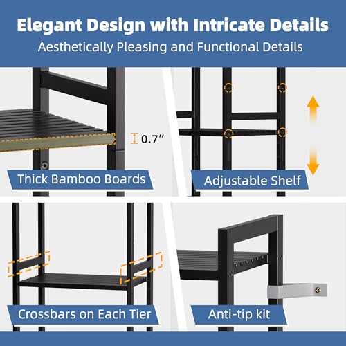 5 Tier Narrow Bookshelf, Bamboo Bookcase, Slim Tall Storage Rack Free Standing Shelving Unit with Adjustable Shelves for Living Room Bedroom Bathroom, Black - view 6