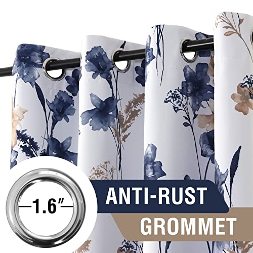 100% Blackout Curtains 63 inch Length 2 Panels Set Cattleya Floral Printed Drapes Leah Floral Thermal Curtains for Bedroom with Black Liner Sound Proof Curtains, Navy and Taupe - view 3