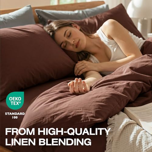 100% Pure Linen Blend 4 Piece Sheet Set, Cooling and Breathable Flax Bed Sheets for Hot Sleepers, Comfort All Year, Anti-Tear and Tough Bedding, 18 Inch Deep Pocket(Chocolate Brown,Queen) - view 3