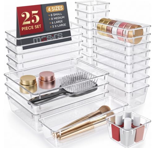 Clear Drawer Organizers Set 25 PCS – Plastic Storage Bins for Desk, Kitchen, Bathroom, Vanity – Modular, Stackable, Non-Slip Drawer Organizer Trays for Makeup, Utensils, Office Supplies