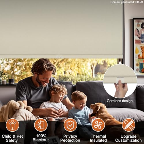 100% Blackout Roller Shades for Windows, Cordless Linen Fabric Roller Blinds,Thermal Insulated Fabric Roller Window Shades for Home,Office,Bedroom,Door,41" W x 108" H,Beige - view 4