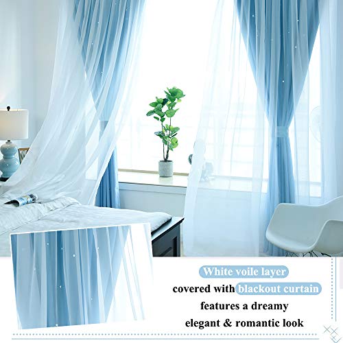 Kids Boys Blackout Curtains, Double-Deck Sheer Panel & Star Drapes for Living Room, Window Treatments with Tie Backs (Blue, 1 Pair, W52 x L95) - view 5