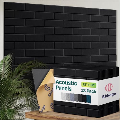 Acoustic Wall Panels 18-Pack, 12"x12"x0.4" Decorative Self-Adhesive Sound Proofing | High Density 3D Brick Soundproof Absorbing Tiles for Walls, Home, Office & Studio - Deep Black