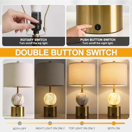 20.5" Small Bedside Table Lamps for Bedroom Nightstands, Gold Glass Modern Table Lamps Set of 2 with USB A+C Charging Port, Night Light, Luxury Lamps for Living Room End Table(Bulbs Included) - view 4