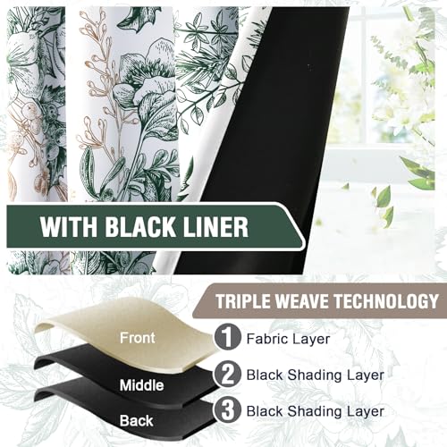 100% Blackout Window Curtain Panels Light Blocking Drapes with Black Liner Thermal Vintage Floral Draperies Back Tab/Rod Pocket Curtains for Bedroom(2 Pieces, 52 x 96 Inches, Moss/Wheat) - view 6