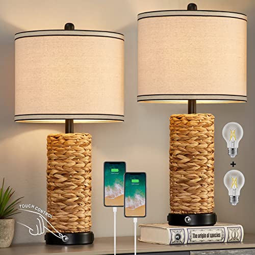 Rattan Table Lamps Set of 2, Bedside Lamps for Bedroom Nightstand
