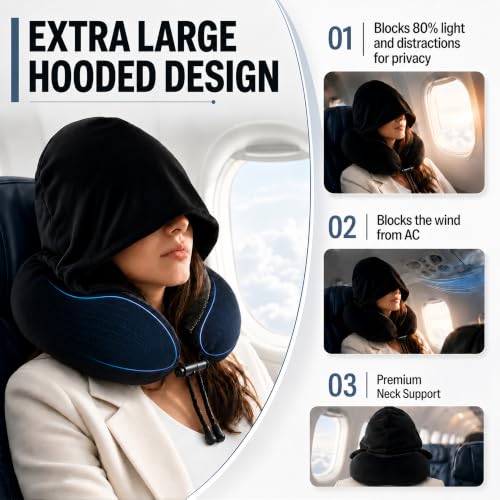 Travel Neck pillow for Airplane, with Large Hood Eye Mask Earplug and Bag - view 2