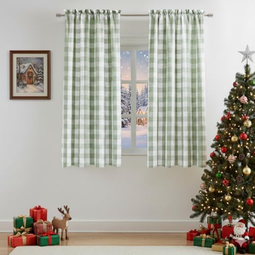 Short 63 Inch Sage Green White Buffalo Plaid Semi Sheer Curtains