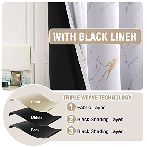 100% Blackout Curtains 84 inch Length 2 Panels Set Marble Designs Printed Drapes Thermal Curtains for Bedroom with Black Liner Sound Proof Curtains, Gold - view 6