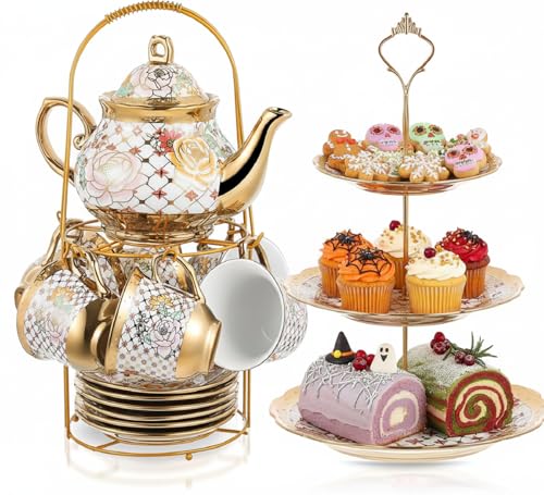21 Pcs Porcelain Tea Set for Women Tea Party, Stylish Style