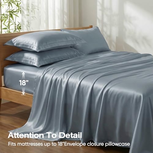 100% Real Bamboo Viscose & Lyocell Tencel Sheets Set King Size | Breathable & Cooling for Hot Sleeper | Luxury Silky Soft Fabric | 18" Deep Pocket with Corner Straps (French Blue, King) - view 4