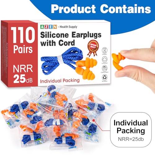 110 Pairs Silicone Ear Plugs, Reusable Earplugs for Noise Reduction, 25dB NRR Corded Ear Plug for Sleeping Noise Cancelling, Ear Plug with String Individual Packing - view 2