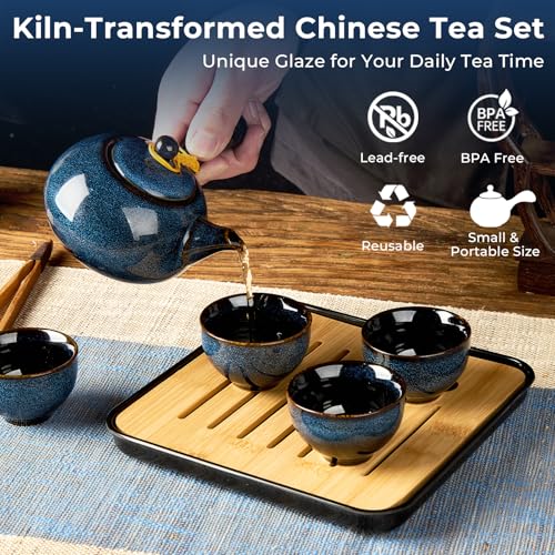 Chinese Gongfu Tea Set, Kiln Altered Glaze Porcelain Tea Set with 1 Teapot, 4 Tea Cups & 1 Tea Tray, Portable Japanese Tea Sets with Storage Bag for Travel, Gifting, Outdoor, Dark Blue - view 2