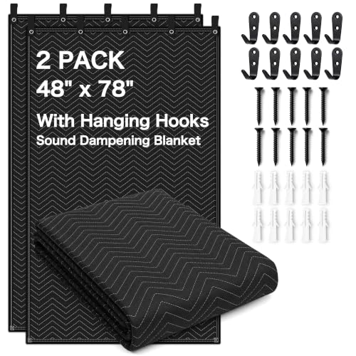 2-Pack Sound Dampening Moving Blankets, 48 x 78 in, 5 Hooks Included