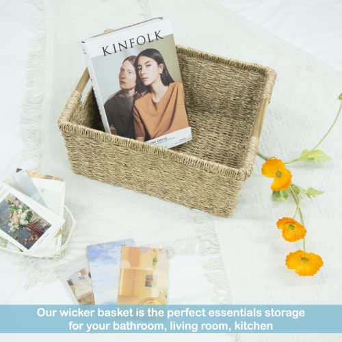 Large Wicker Basket Rectangular with Wooden Handles for Shelves, Seagrass Basket Storage, Natural Baskets for Organizing, Wicker Baskets for Storage - 3 Pack Large - view 6