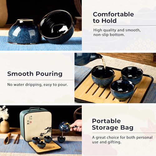 Chinese Gongfu Tea Set, Kiln Altered Glaze Porcelain Tea Set with 1 Teapot, 4 Tea Cups & 1 Tea Tray, Portable Japanese Tea Sets with Storage Bag for Travel, Gifting, Outdoor, Dark Blue - view 4