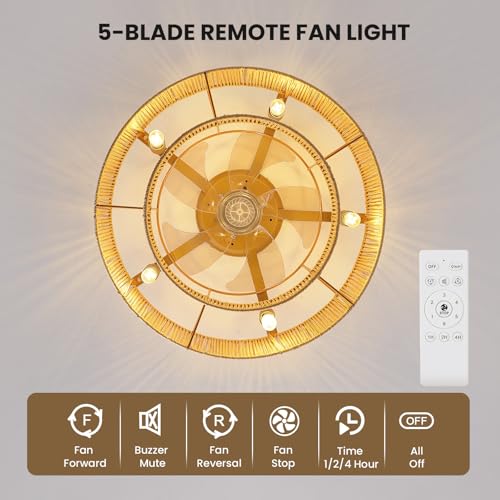 Boho Ceiling Fans with Lights: 20 inch Fandelier Low Profile Ceiling Fans with Remote Control, 5 Blades 6 Speeds DC Reversible E12 5 Light Flush Mount Rattan Ceiling Light Fixtures for Bedroom - view 7