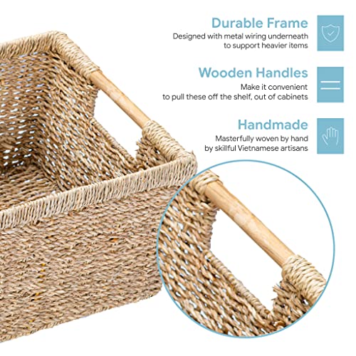 Large Wicker Basket Rectangular with Wooden Handles for Shelves, Seagrass Basket Storage, Natural Baskets for Organizing, Wicker Baskets for Storage - 3 Pack Large - view 3