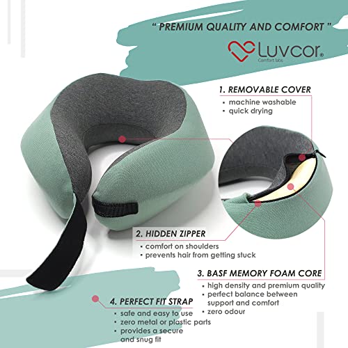 Premium Quality Memory Foam Travel Neck Pillow Bundle - Best Ergonomic Pillow for Airplane Travel, car Ride, Sleeping. Comes with Eye mask, earplugs and Storage Bag. (Imperial Green) - view 3