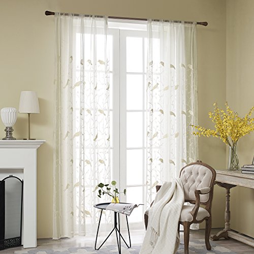 Beige Bird Embroidered Sheer Curtains, 59 x 79, 2 Panels - view 2