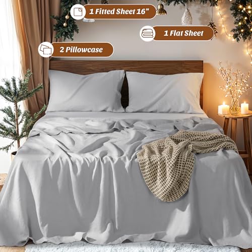 100% French Linen Sheet Set 4Pcs Deep Pocket 16", Full Size Gray - view 5