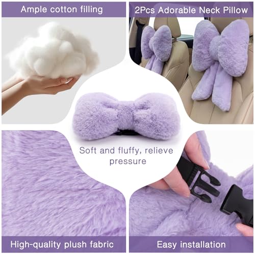 2 Pcs Purple Car Neck Pillow Bow, Plush Solid - view 3