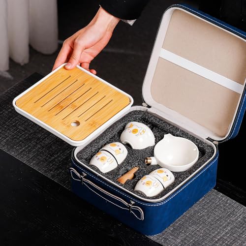Chinese Tea Set Gongfu Tea set, Portable Teapot Set with 360 Rotation Tea maker and Infuser,Kung Fu Tea Set Portable All in One Leather Bag for Travel,Outdoor, Office,Home,Gifting (4cups-cat) - view 6