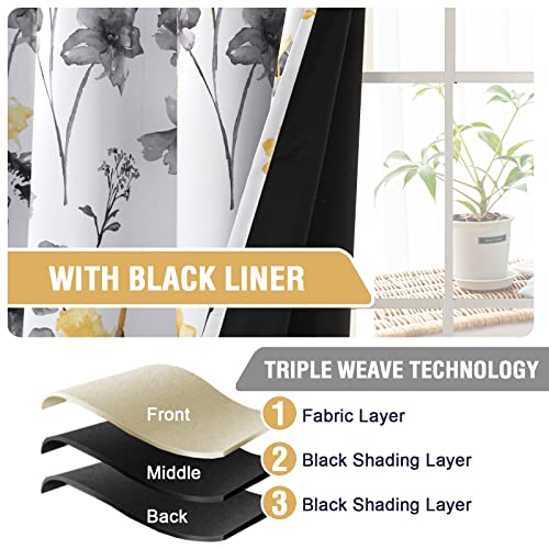 100% Blackout Curtains 84 inch Length 2 Panels Set Cattleya Floral Printed Drapes Leah Floral Thermal Curtains for Bedroom with Black Liner Sound Proof Curtains, Grey and Yellow - view 5