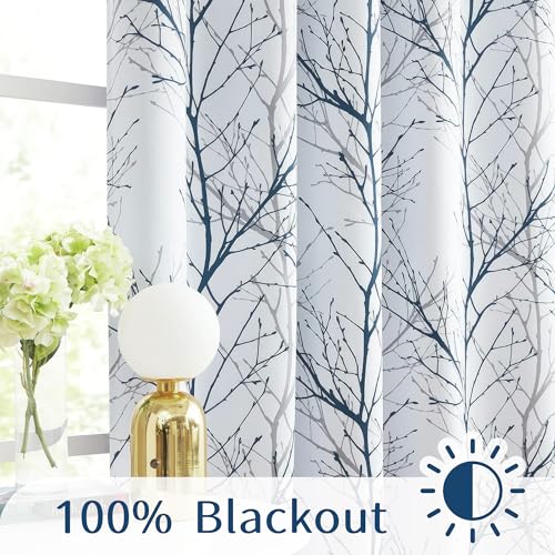 100% Blackout Blue Grey Tree Branch Curtains 84 Inch 1 Panel - view 5