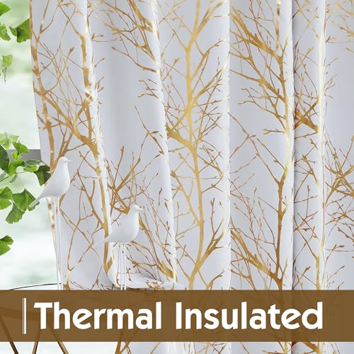 100% Blackout Ivory Gold Foil Tree Curtains 45 Inch Long 2 Panels - view 5