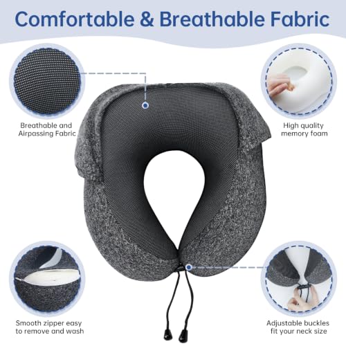 Travel Neck Pillow with Hood for Privacy on Long Flights-Comfortable Memory Foam Filling for Plane, Office,Car Sleeping and Resting, Road trip Head and Neck Support for Airplane Travel Essentials - view 4