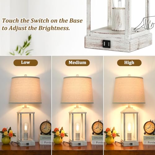 28" Farmhouse Table Lamps for Living Room Set of 2, 3-Way Dimmable Bedside Lamp with USB Ports, White Rustic Touch Control Nightstand Lamps for Bedroom, Modern Desk Lamp for Office, 4 Bulbs Included - view 2