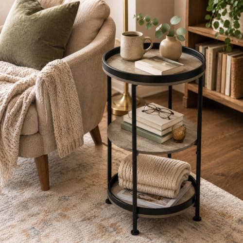 Side Table, Round End Table with 3 Storage Shelves for Living Room, Bedroom, Nightstand with Steel Frame for Small Spaces, Industrial Round Sofa Table, Outdoor Accent Coffee Table, Oak - view 4