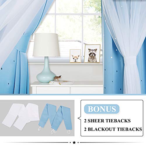 Kids Boys Blackout Curtains, Double-Deck Sheer Panel & Star Drapes for Living Room, Window Treatments with Tie Backs (Blue, 1 Pair, W52 x L95) - view 4