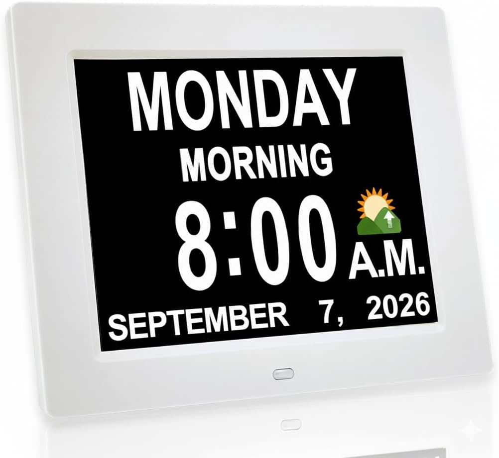 8" large digital calendar day clock for seniors - easy to read dementia memory loss clock for elderly with IPS wide angle, day & date, 12 custom alarms & auto-dimming, white