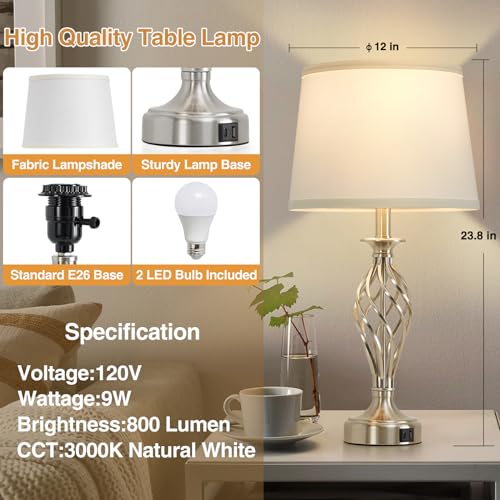 Table Lamp for Bedroom Set of 2 with USB C+A Ports,Modern Night Stand Lamps - view 3