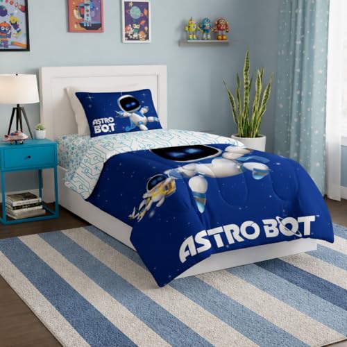 Sony PlayStation Astro Bot Twin Bedding Bundle – 64 x 86 Inches Reversible Comforter, Flat Sheet, Fitted Sheet, 1 Pillowcase – Bed in a Bag Set, Cosmic Clash