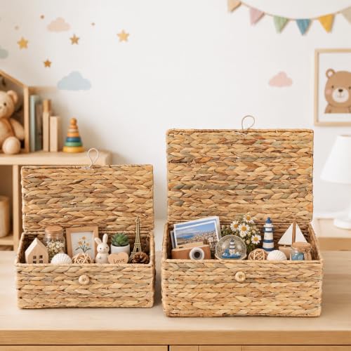 Set of 2 Rectangular Wicker Storage Basket with Lid - view 3