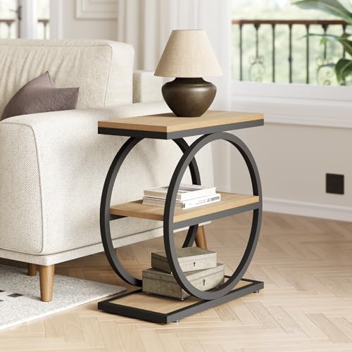 End Table Set 2, Side Table with 3-Tier Storage Shelves, Small Sofa Side Table for Living Room, Wooden Side End Table with Double Round Metal Legs, Slim Nightstand and Bedside Table, Oak - view 2