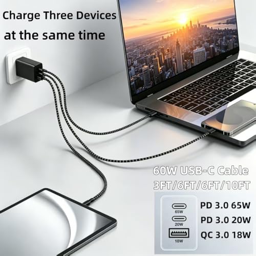 3 Port 65W USB C Fast Charger Block with Type C Cable,Multi Device Charging - view 3