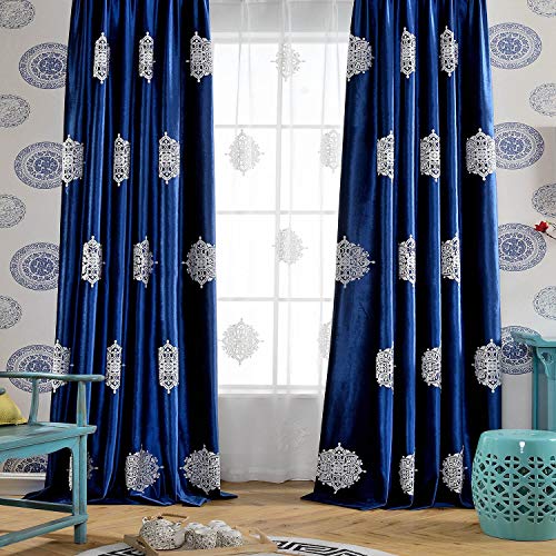 Blackout Curtains 84 Inches Long for Bedroom, White Flowers Embroidered Room Darkening Window Drapes for Living Room, 52x84, 2 Panels, Dark Blue - view 3