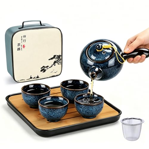 Chinese Gongfu Tea Set, Kiln Altered Glaze Porcelain Tea Set with 1 Teapot, 4 Tea Cups & 1 Tea Tray, Portable Japanese Tea Sets with Storage Bag for Travel, Gifting, Outdoor, Dark Blue