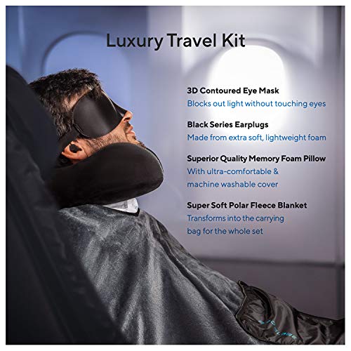 Travel Blanket Luxury Travel Set - Ergonomic Airplane Neck Pillow 100% Pure Memory Foam and Super Soft Fleece Blanket - Premium 3D Sleep Mask & Earplugs - Ultimate 4-in-1 Traveling Kit Black - view 2