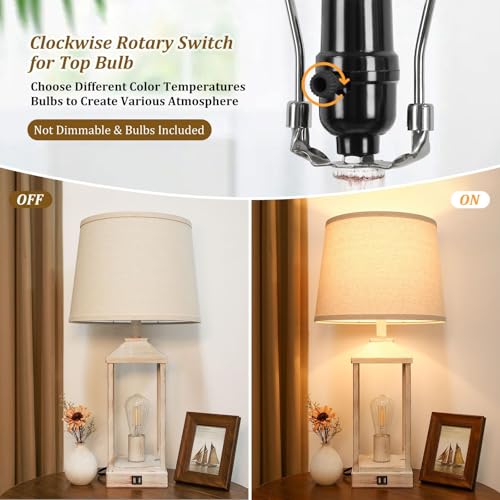 28" Farmhouse Table Lamps for Living Room Set of 2, 3-Way Dimmable Bedside Lamp with USB Ports, White Rustic Touch Control Nightstand Lamps for Bedroom, Modern Desk Lamp for Office, 4 Bulbs Included - view 6