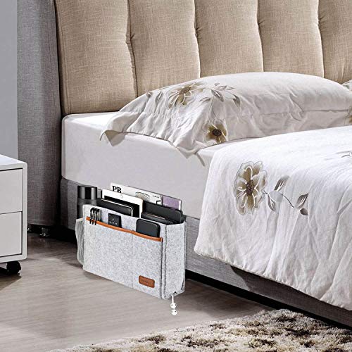 Bedside Caddy, Felt Bed Storage Organizer Hanging Bag Holder with 5 Pockets, Magazine Book Phone Tablet iPad Cables Remote and Water Bottle Holder for Home Dorm Bed Sofa, Light Gray - view 3